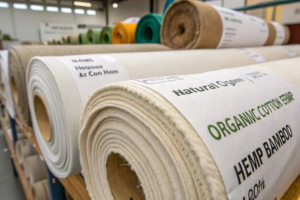 Close-up of eco-friendly fabric rolls including hemp bamboo