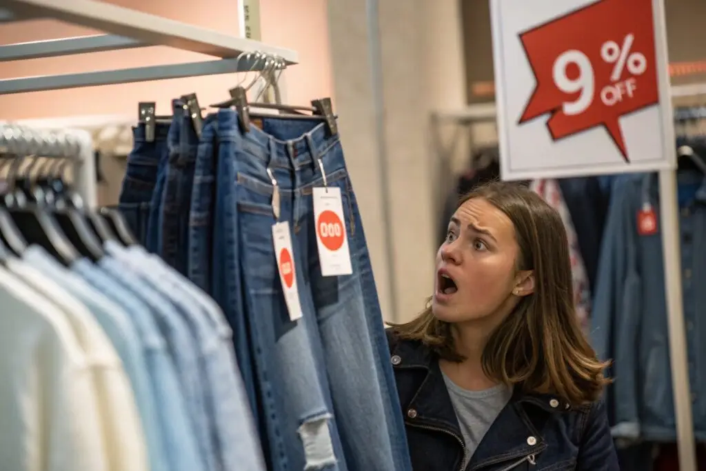 Surprised shopper looking at jeans with sale tags