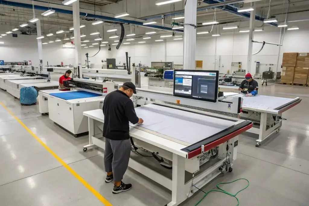 Workers operating digital cutters in compact garment factory