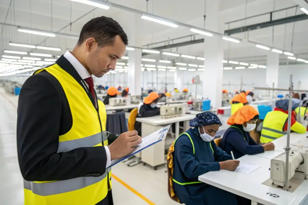 Compliance officer inspecting ethical garment production site
