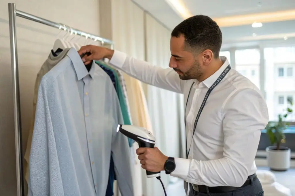 Man steaming shirt on clothing rack in bright room