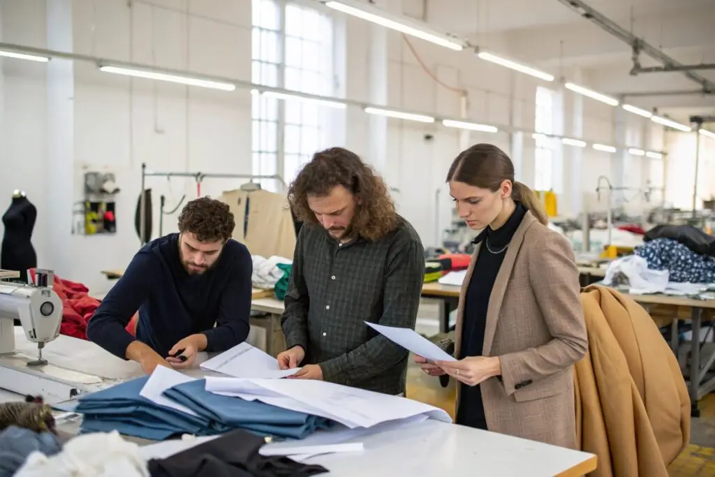 fashion designers reviewing garment blueprints in studio