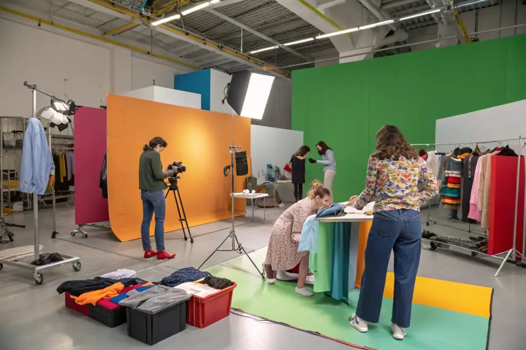 Creative fashion studio with multi-color zones for garment shoots