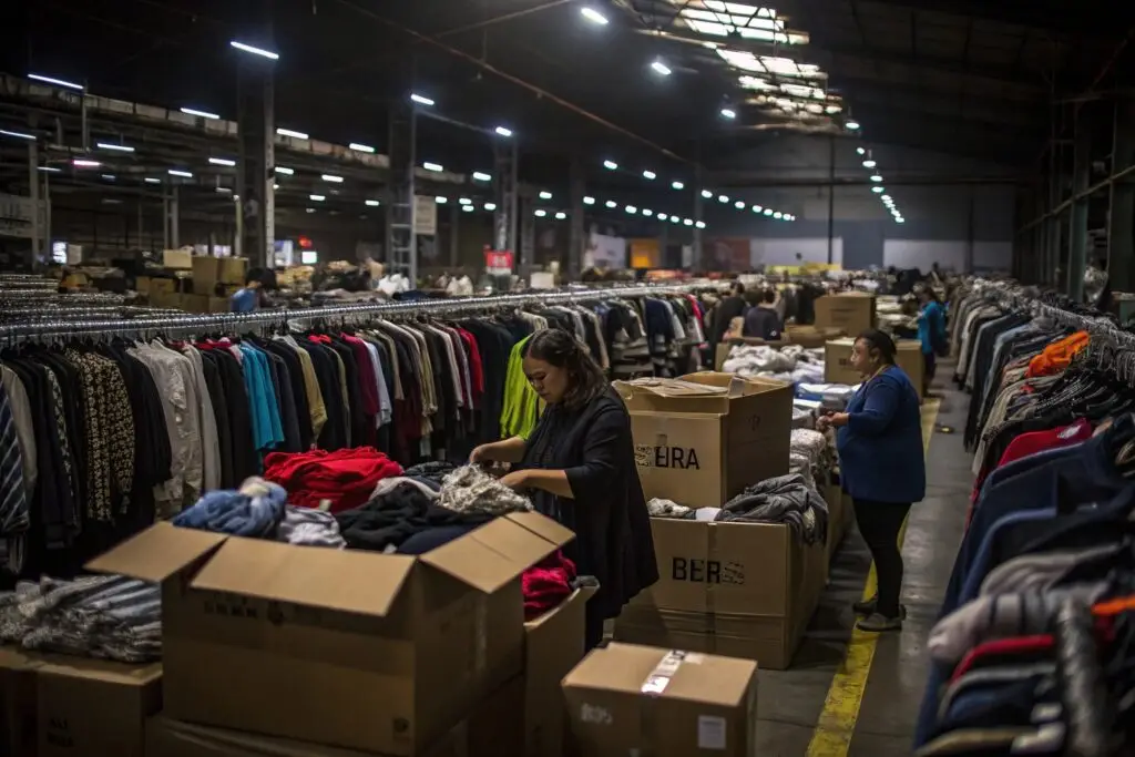workers sorting garments in large clothing warehouse