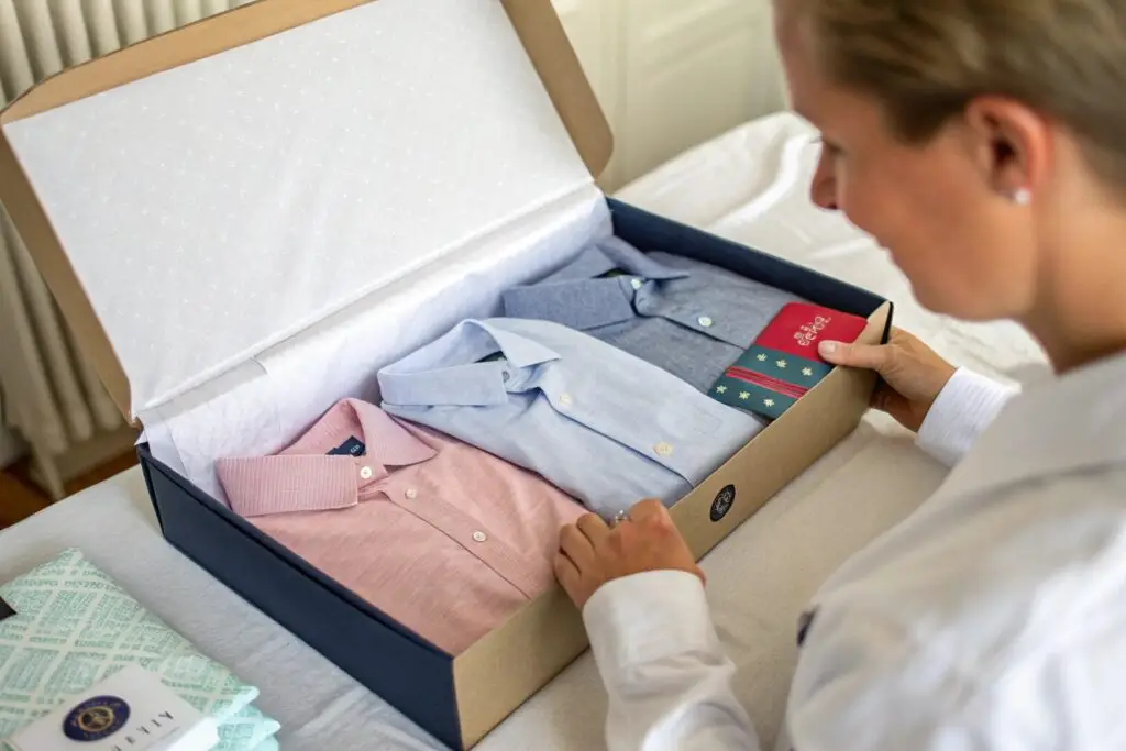 Customer unboxing premium shirts in elegant gift box