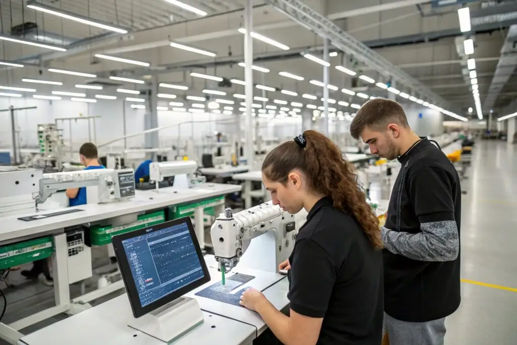 Operators managing automated sewing stations in smart factory
