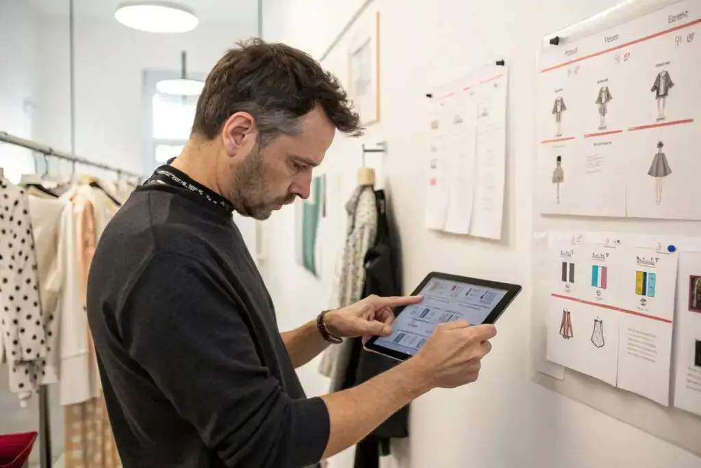 Fashion designer reviewing garment specs on tablet
