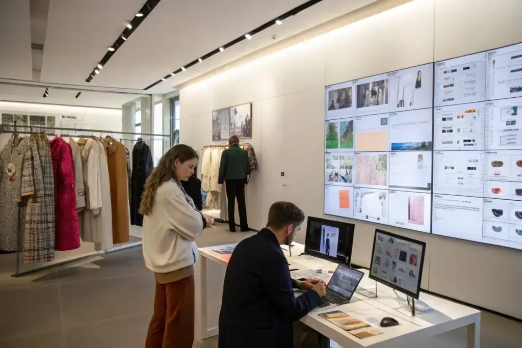 fashion professionals analyzing digital trend forecasts