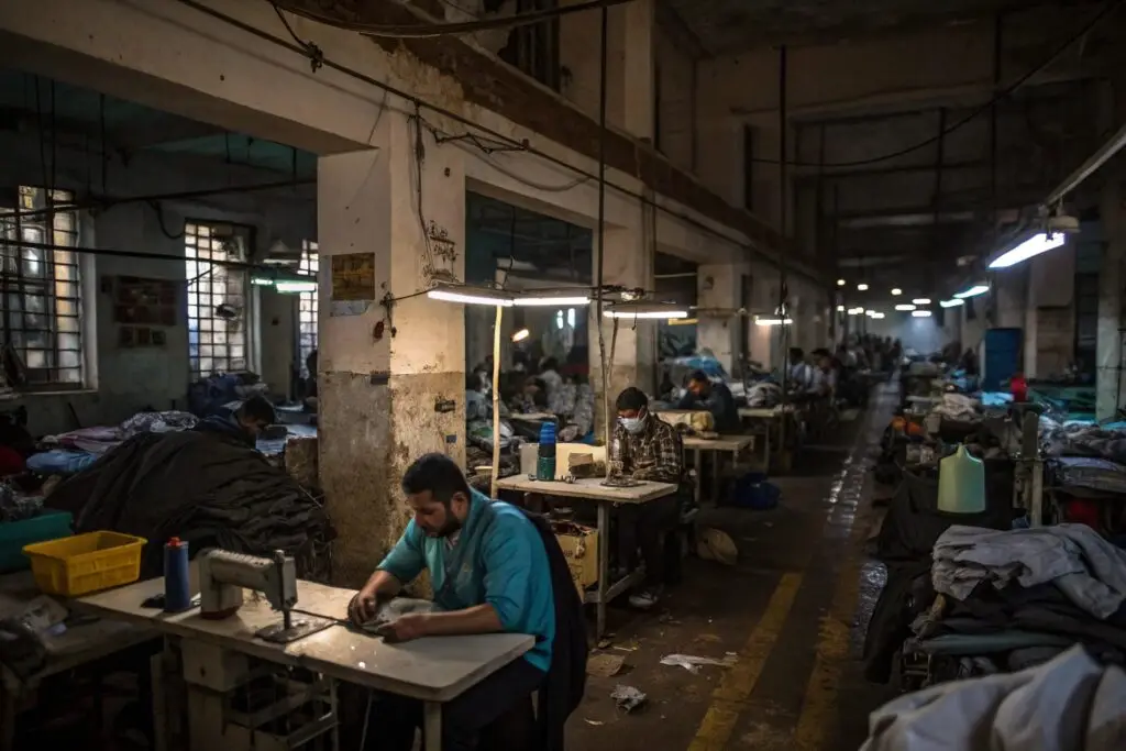 garment workers sewing in dimly lit factory space