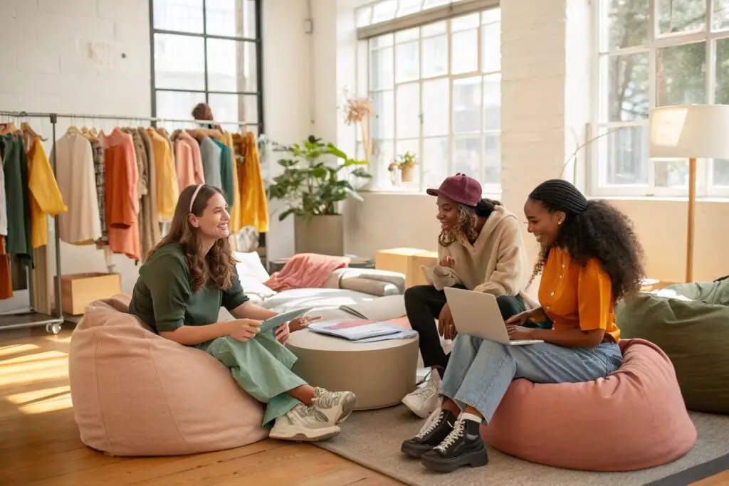 Creative Gen Z team discussing fashion projects in sunny studio