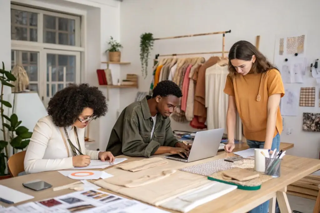 Young designers collaborating in a creative fashion studio