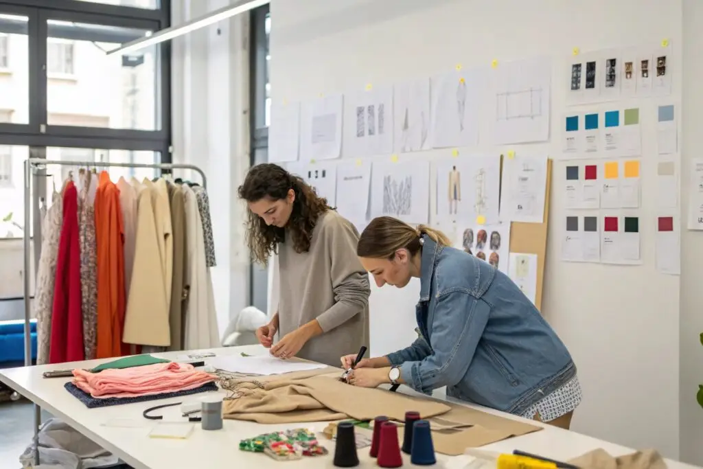 Fashion designers working on patterns in creative studio