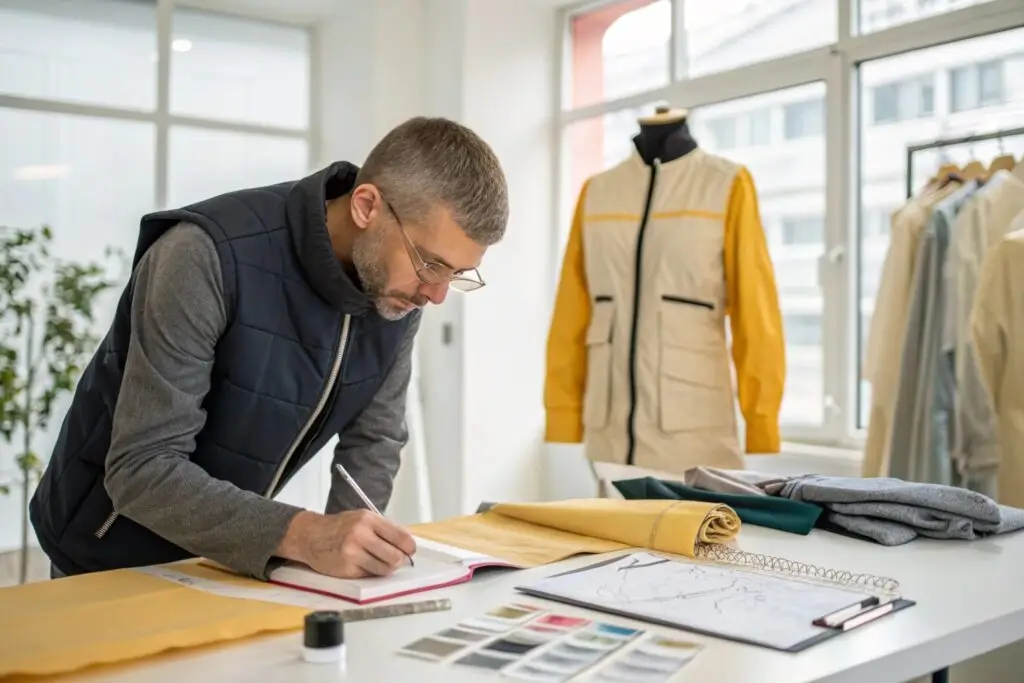 Fashion designer sketching garments in modern studio