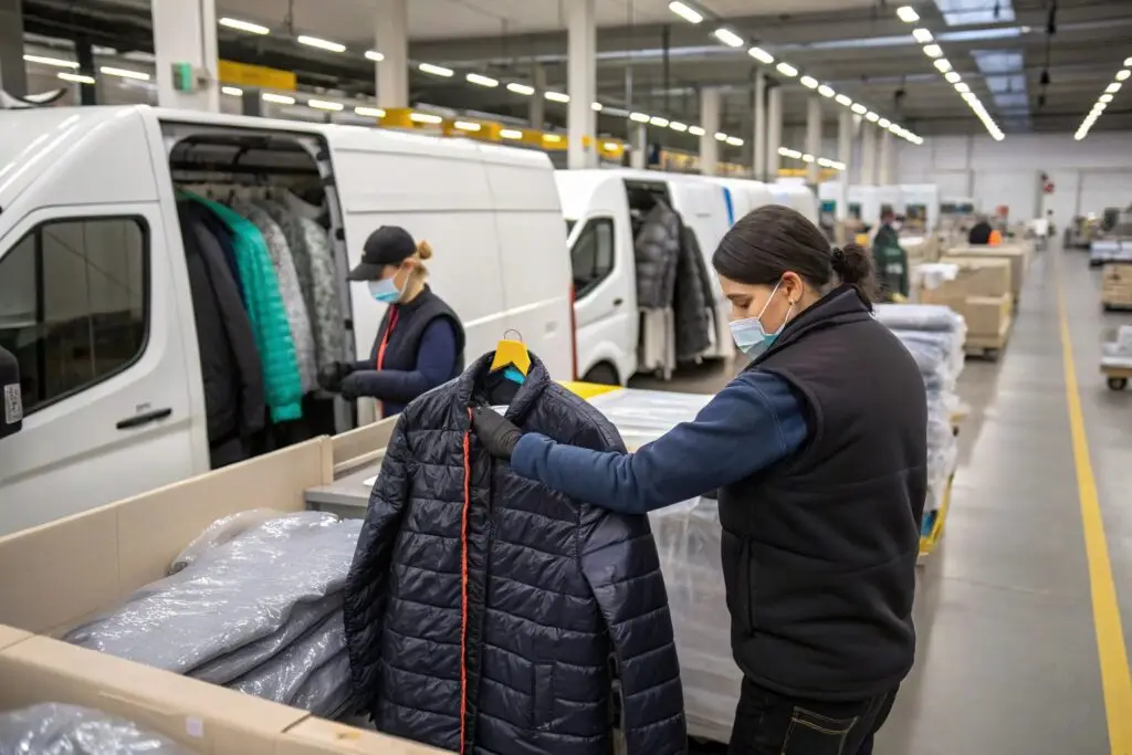 Logistics team inspecting garments for shipment in warehouse