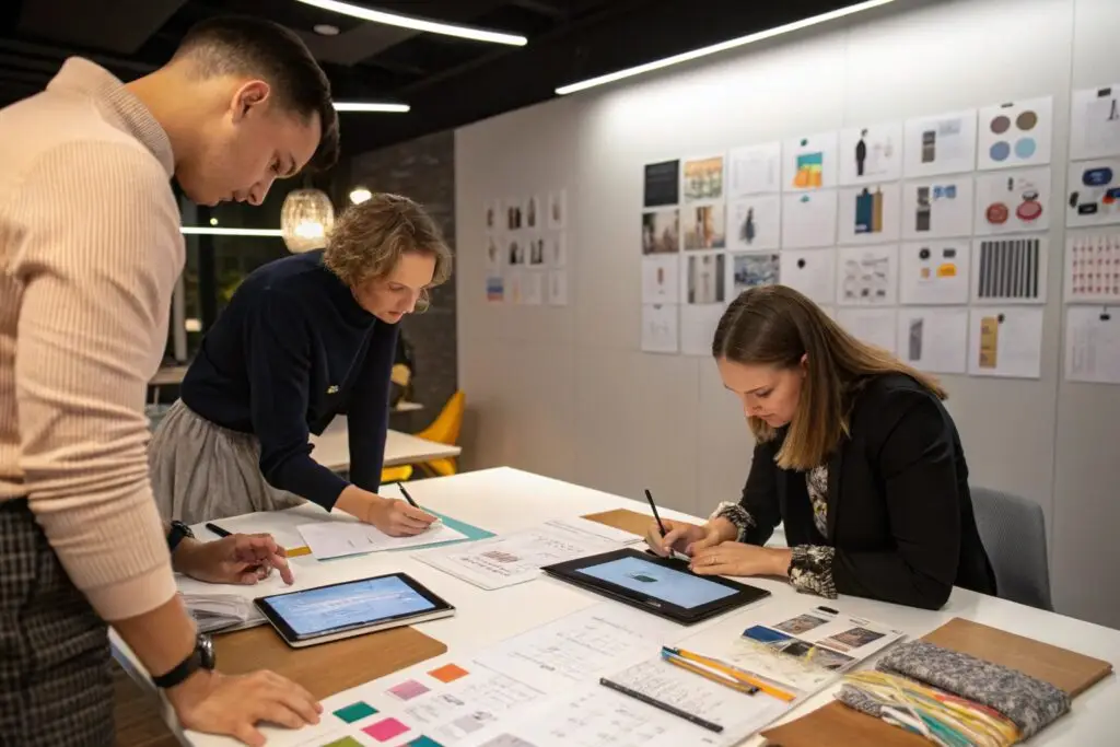 Team of designers collaborating in fashion project meeting