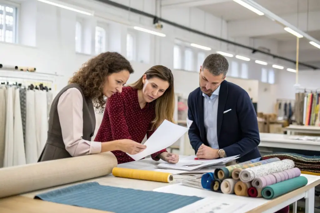 Fashion sourcing team reviewing fabric rolls and documents