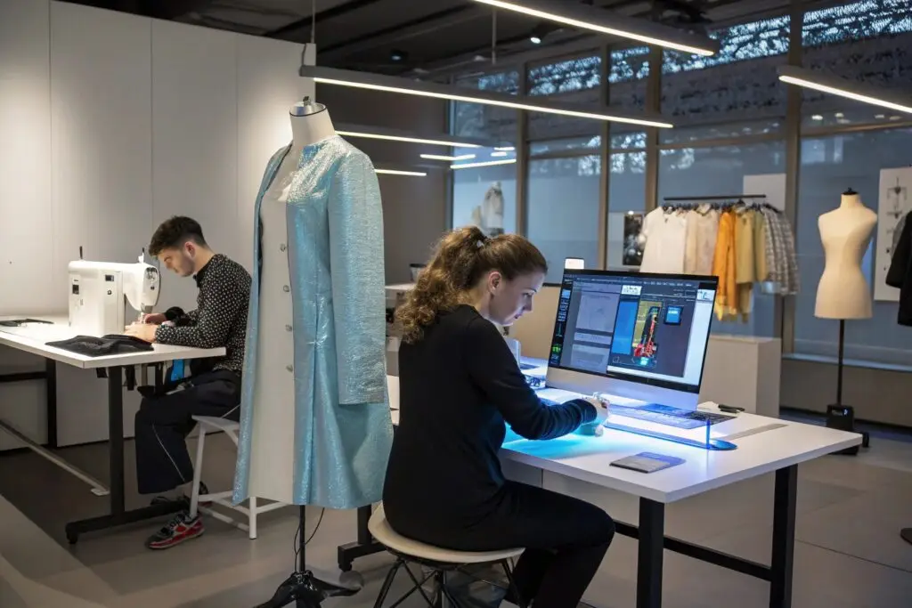 Futuristic fashion lab with designers using smart fabric tools
