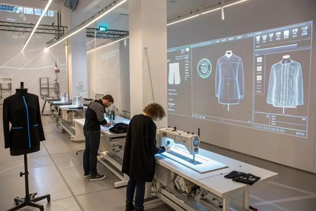 Designers in a smart fashion studio using AI garment systems