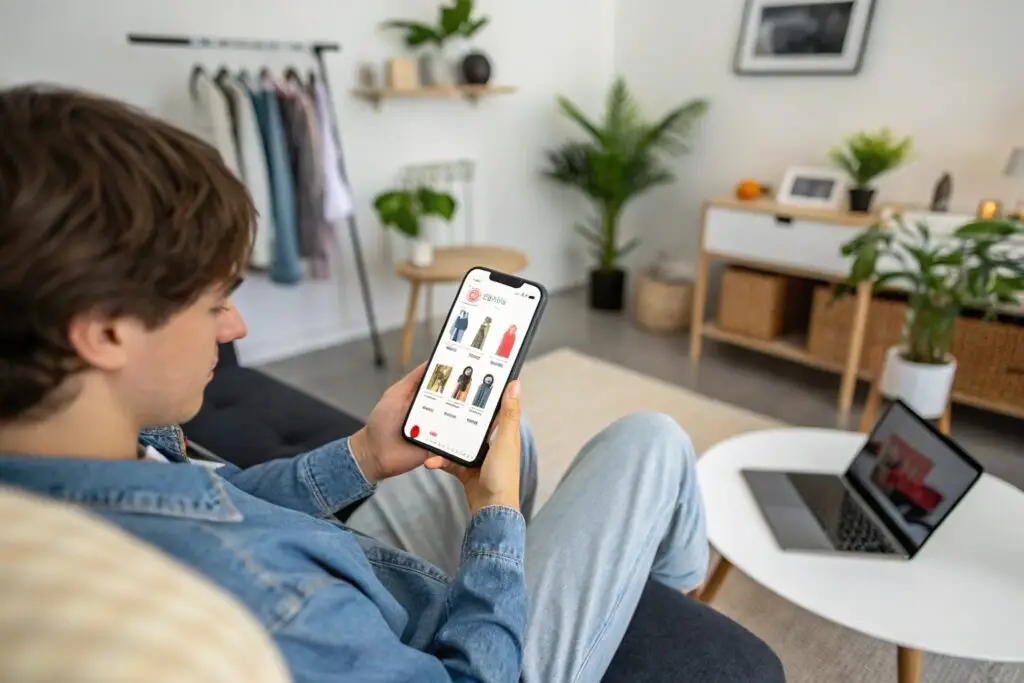 Young man browsing fashion styles on phone at home