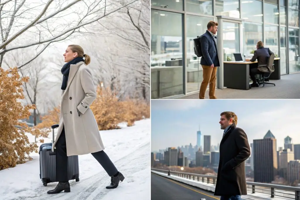 Men and women modeling premium winter coats in real settings