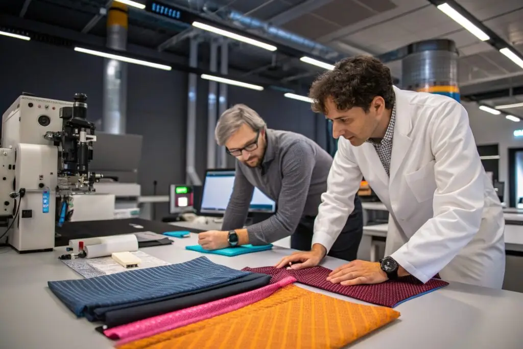 Engineers testing smart textiles in high-tech research lab