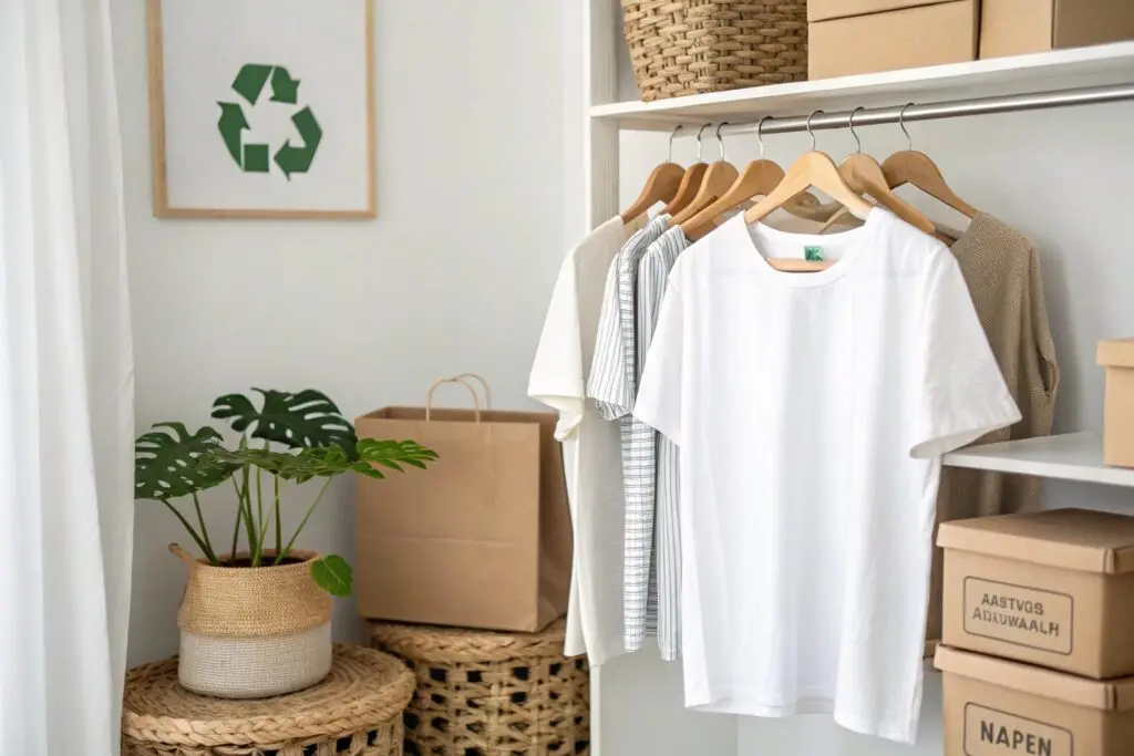 Minimalist wardrobe with eco-friendly clothing display