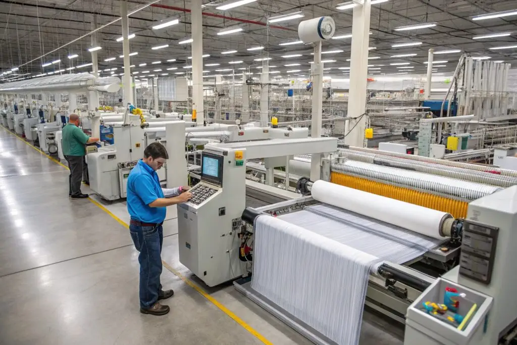 Automated textile mill with technicians operating weaving machines