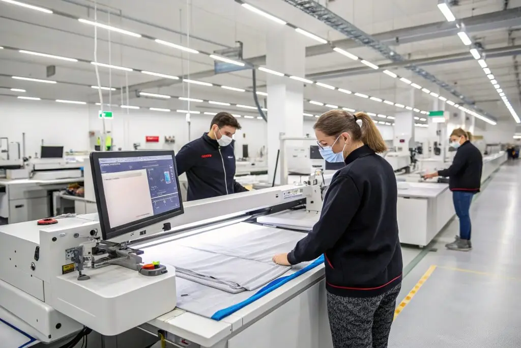 Technicians managing small-batch garment production in micro factory