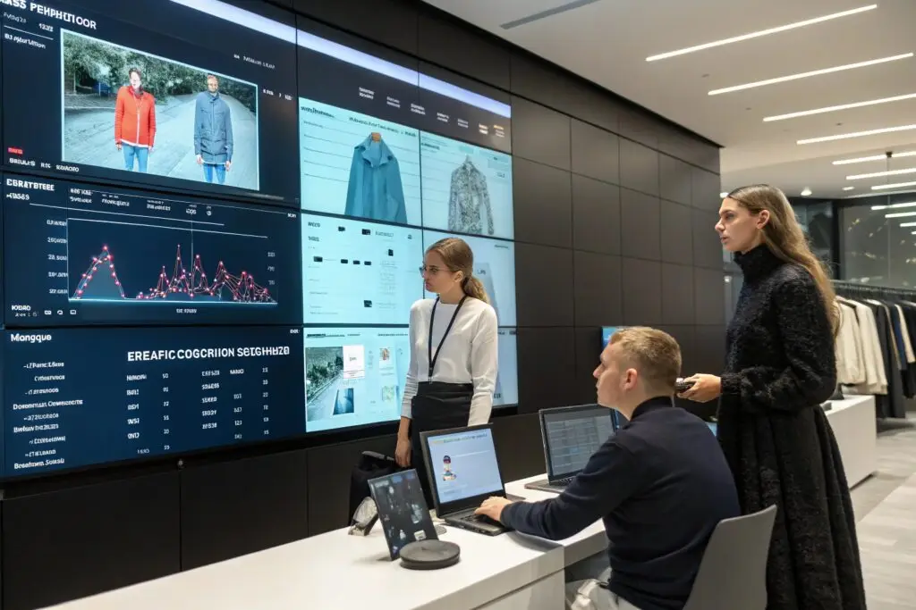 Fashion brand team analyzing data in modern control center