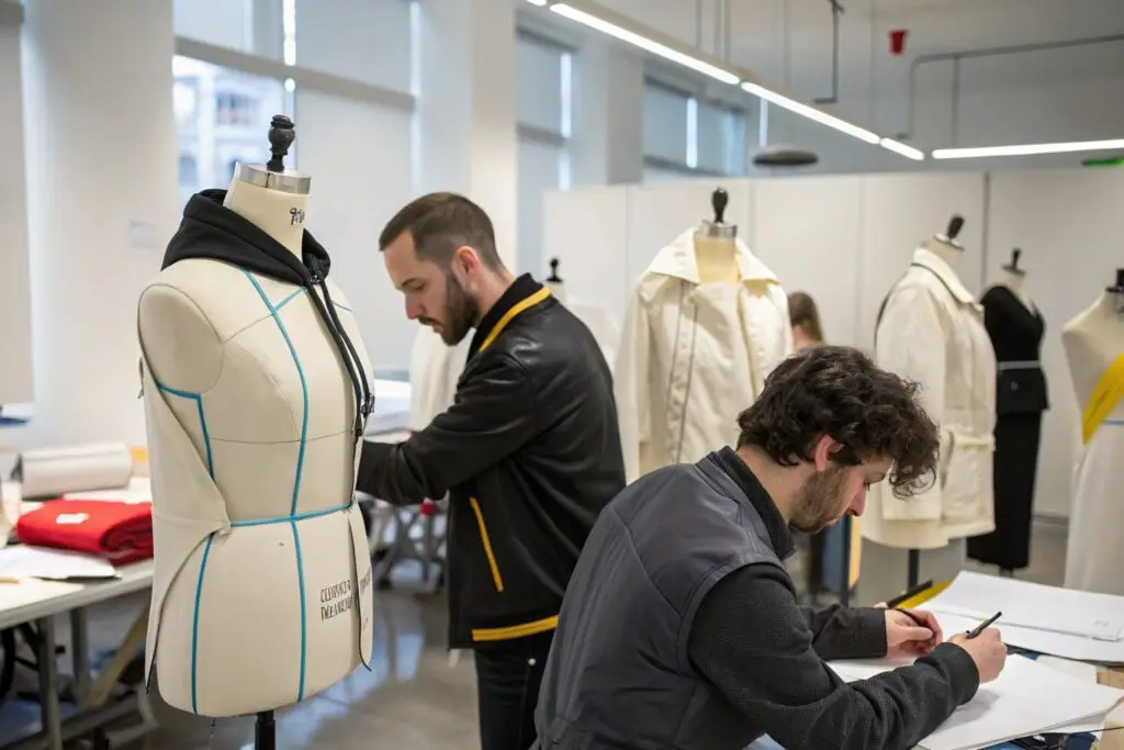 Fashion designers sketching and tailoring new garment styles