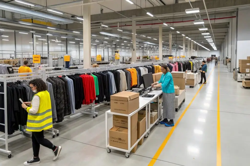 E-commerce fulfillment center processing wholesale apparel orders