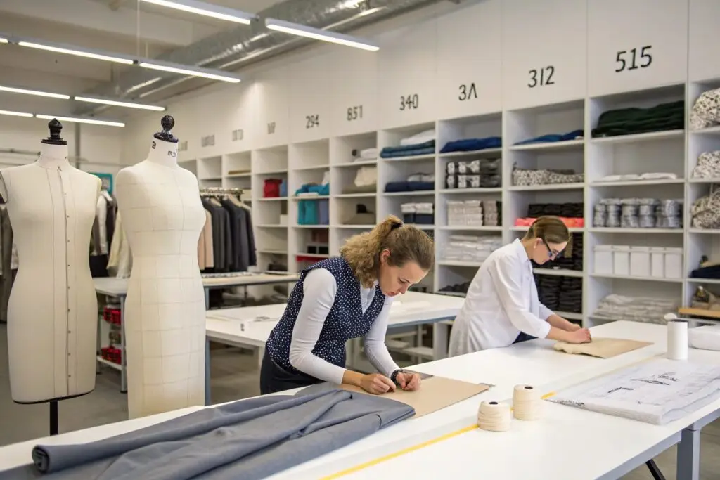 Professional garment designers drafting clothing patterns in workshop