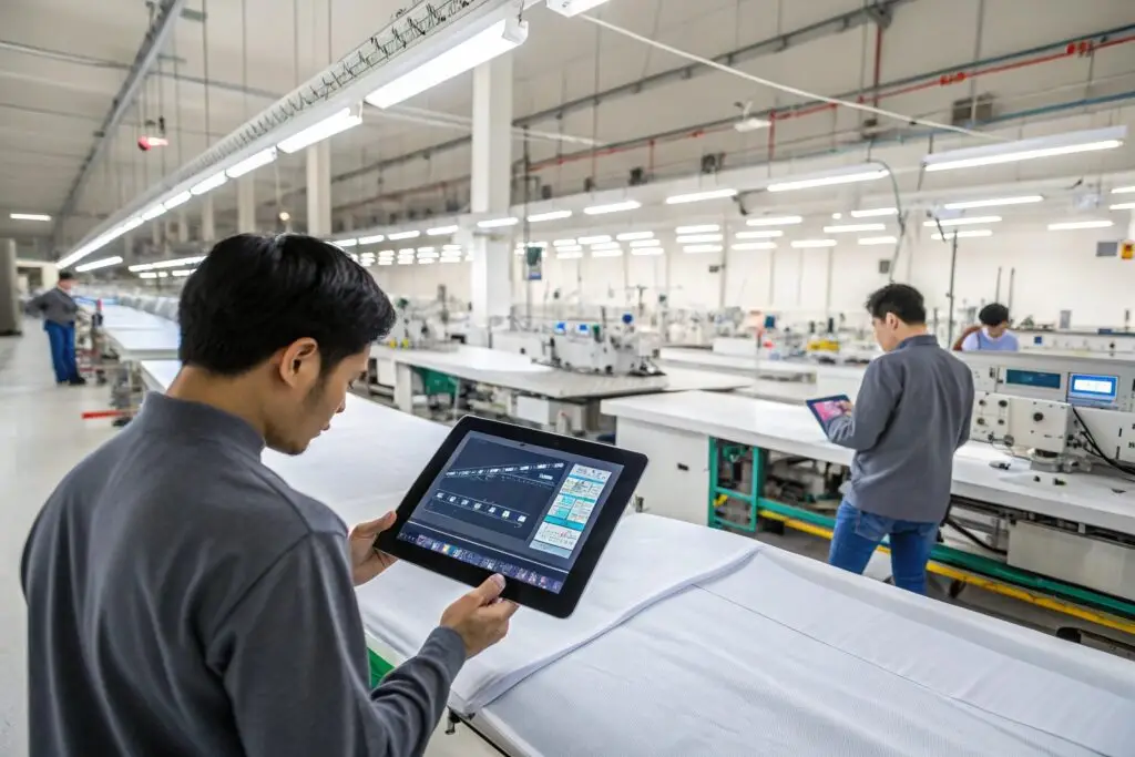 Technicians using tablets to manage automated garment production
