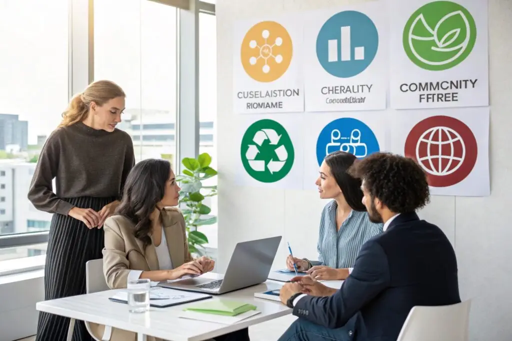 Fashion sourcing team discussing sustainability strategies