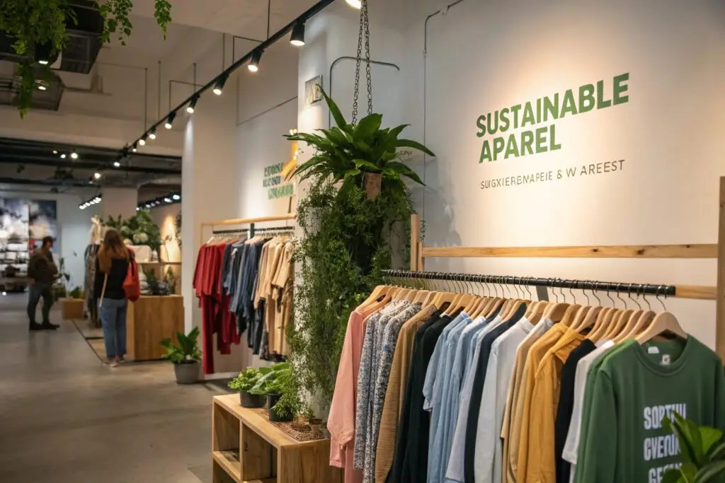 sustainable clothing displayed in modern retail store