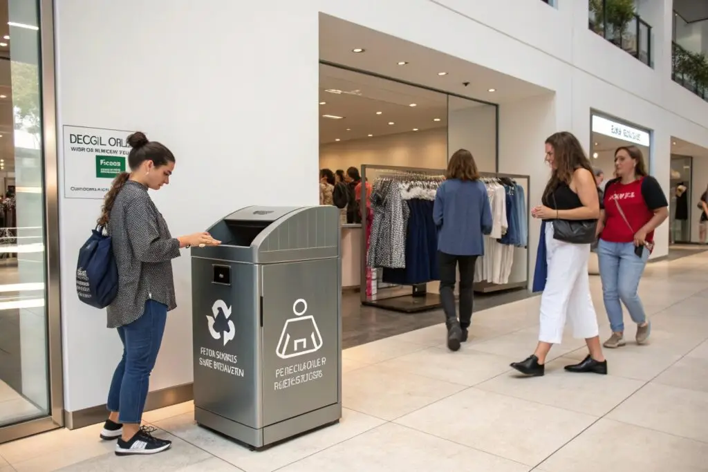 Woman recycling clothes near fashion retail store entrance