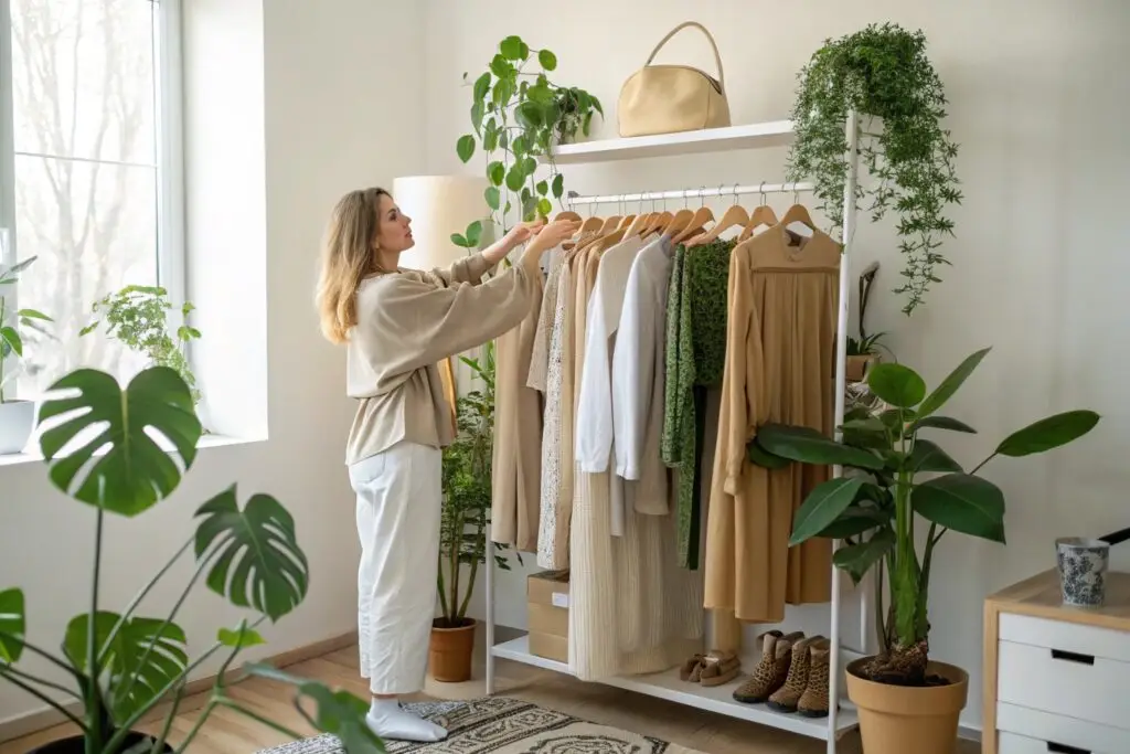 Woman organizing neutral-toned wardrobe with indoor plants