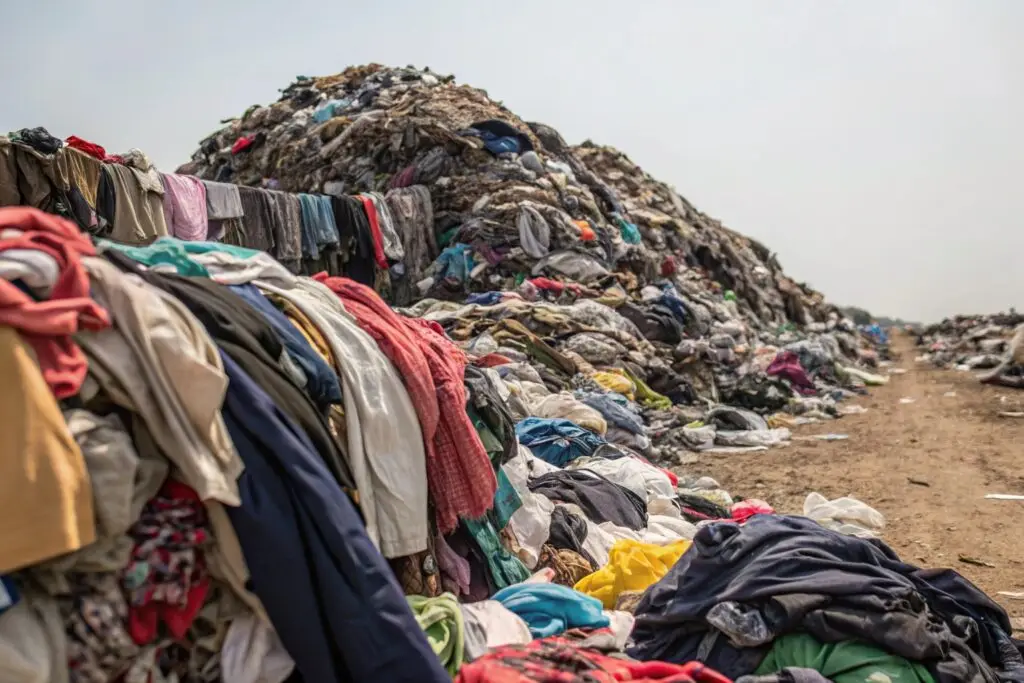 Massive piles of discarded clothing waste at landfill site