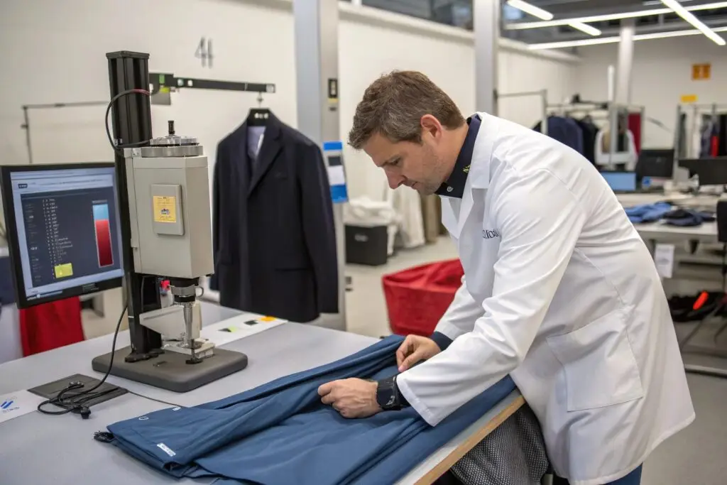 Technician performing fabric quality test in lab