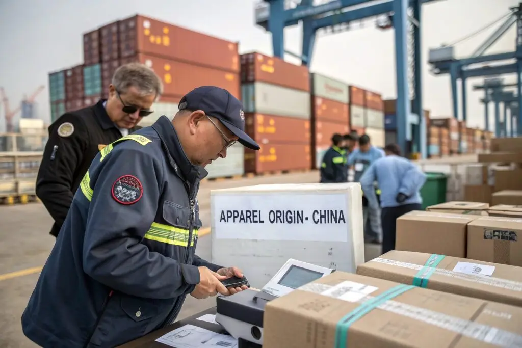 Customs officers inspecting clothing shipment at port terminal