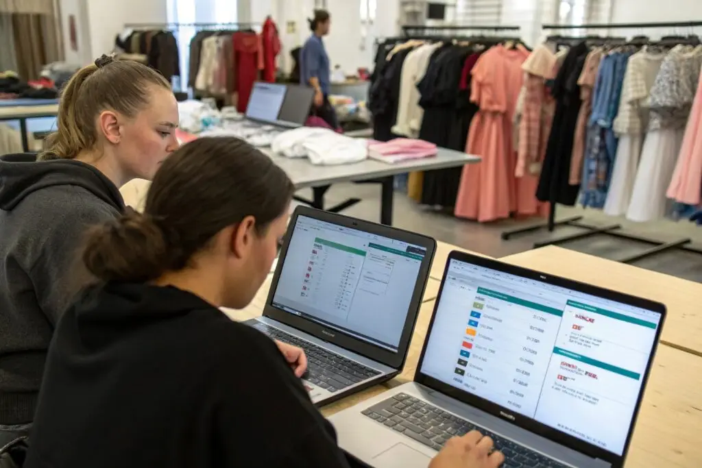 Team managing digital inventory in fashion workspace