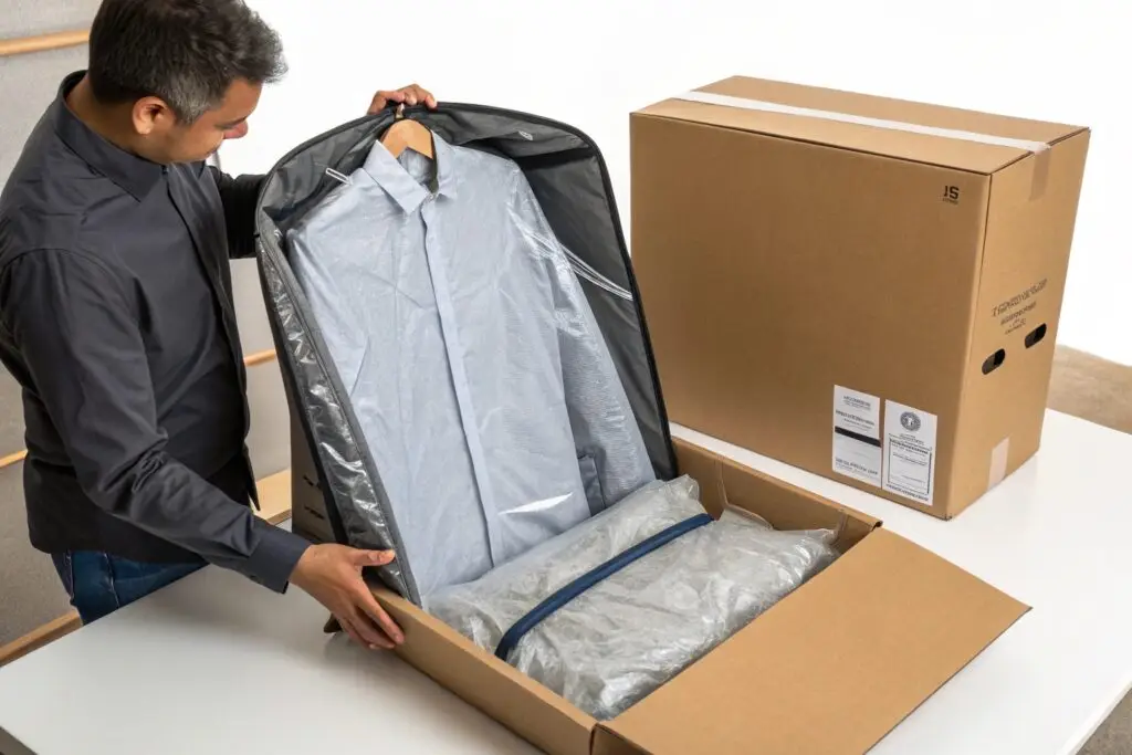 Man unpacking neatly folded shirt in garment bag