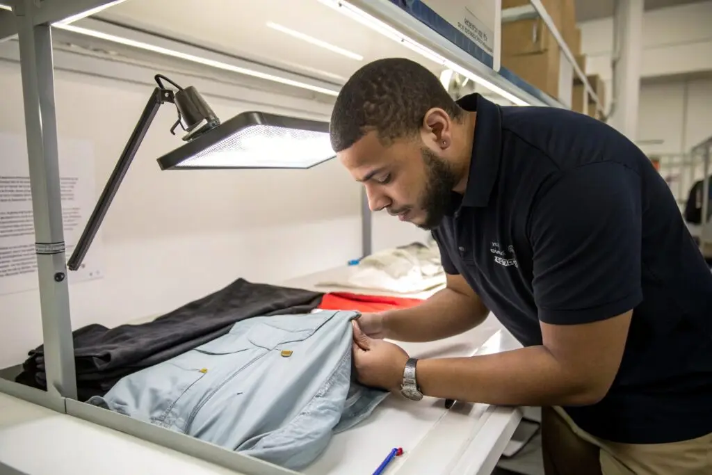 Staff inspecting garment quality under task light
