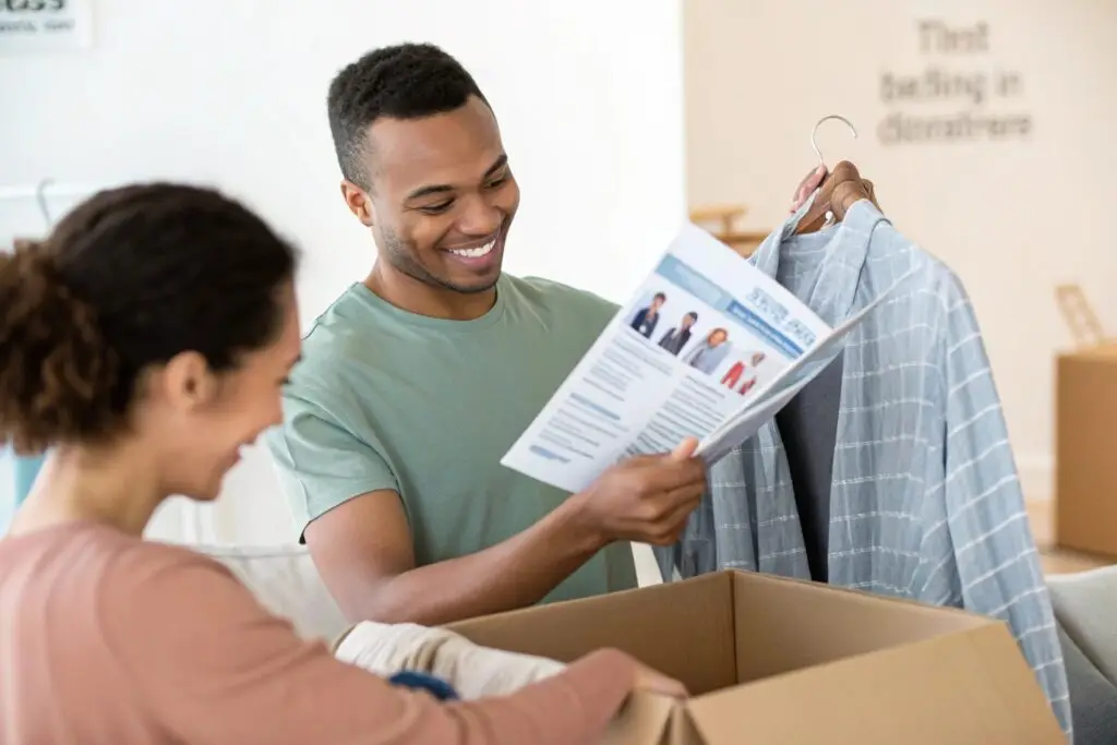 Smiling couple checking clothing rental guide at home