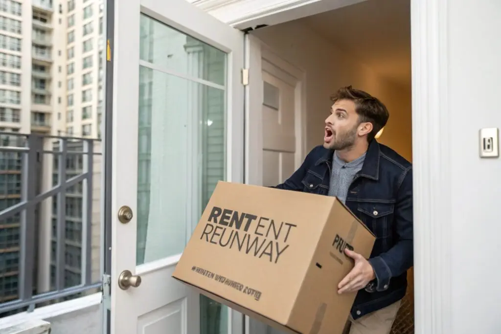 Excited man receiving fashion delivery at apartment door