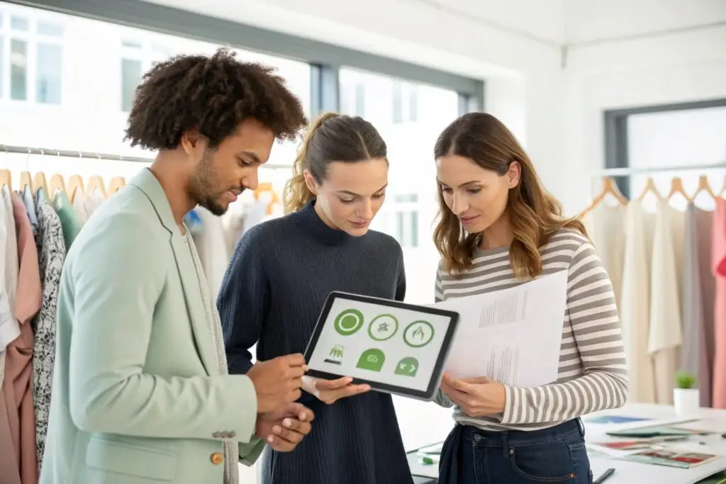 Fashion sourcing team reviewing eco-friendly clothing data