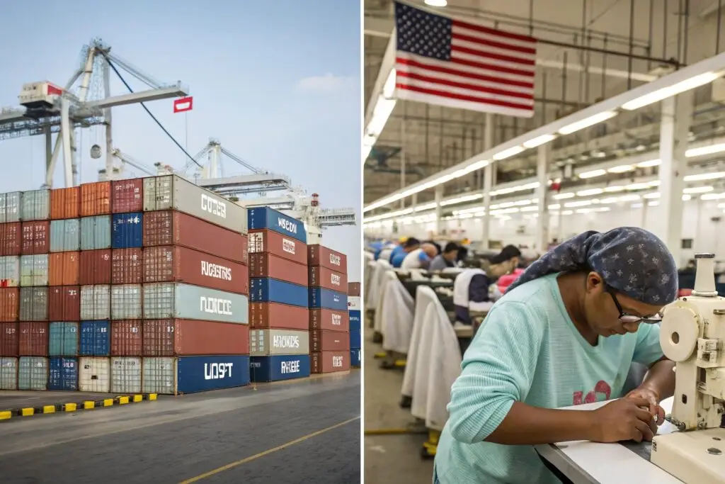 Shipping containers and garment worker in large textile factory