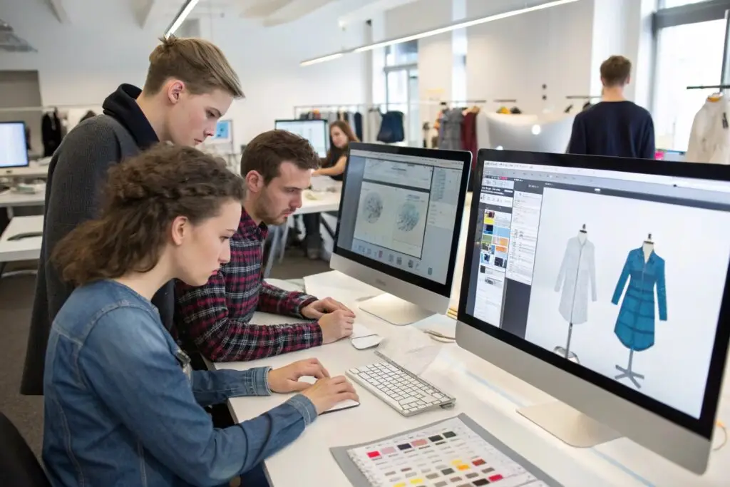 Fashion team designing garments digitally with color swatches