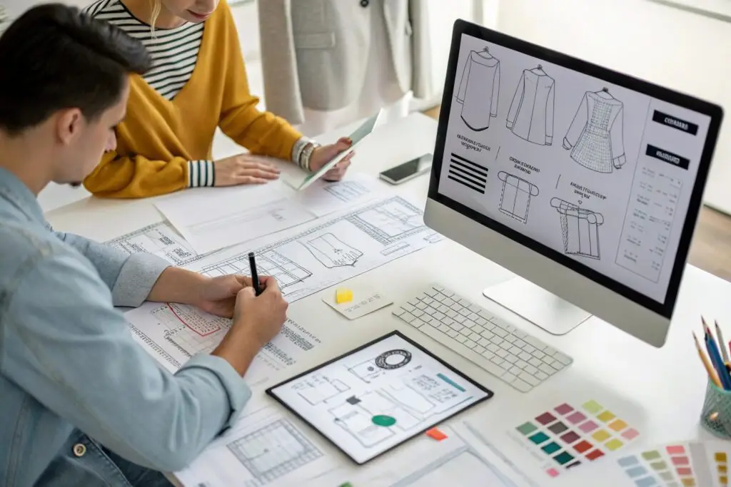 Fashion designers working on digital garment tech sketches