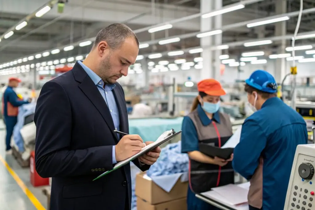 Third-party auditor evaluating garment factory operations